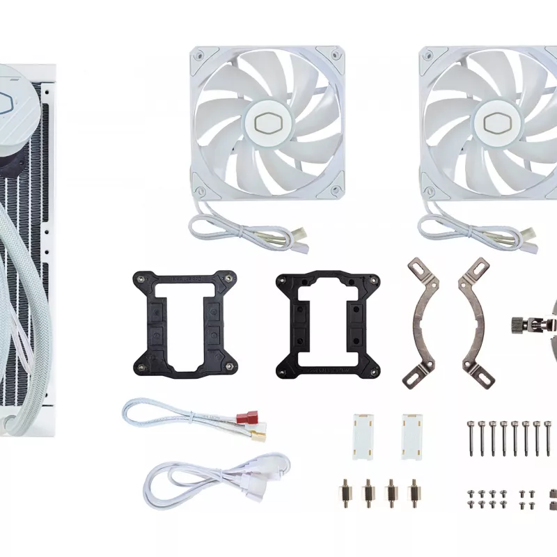 Kit de refrigeração líquida Cooler Master MasterLiquid 240L Core ARGB branco — radiador de 240 mm, ventoinha de 120 mm, compatível com LGA1700/AM5/AM4 e sockets mais antigos