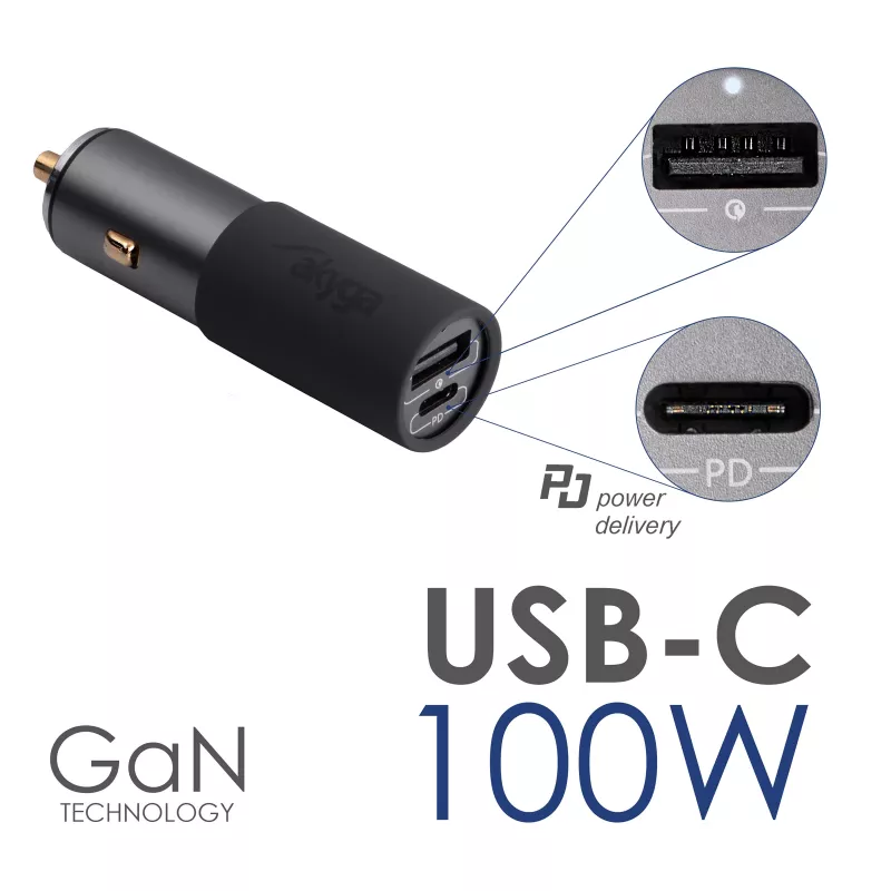 Carregador de automóvel GaN Akyga AK-CH-26 12/24 V, 100 W, USB-C PD 3.0 + USB-A QC 3.0, cinzento