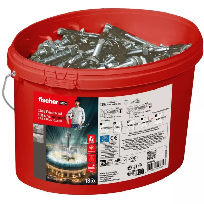 Chumbador de aço inoxidável FISCHER FAZ II Plus 10/20 R — 135 unid., balde