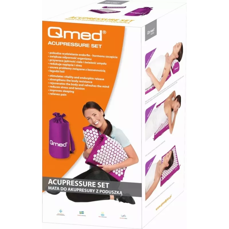 Tapete de acupressão com almofada Qmed ACUPRESSURE MAT — apoio de massagem por pontos de pressão