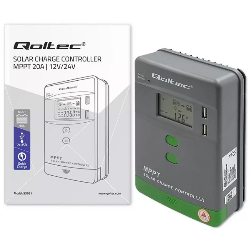 Qoltec, controlador de carga solar MPPT com sensor de temperatura 20A 12V/24V visor LCD 2 X USB