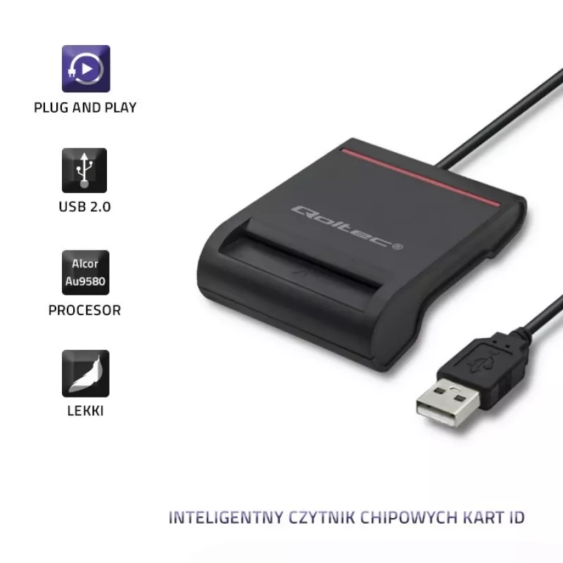 Leitor de cartões de ID QOLTEC Smart-Chip — USB, preto, 84,5×65×16 mm, 63 g