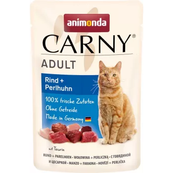 Alimento húmido para gatos animonda Carny Adult Vaca e galinha-da-índia 85 g saqueta, sem cereais, sem glúten e sem açúcar