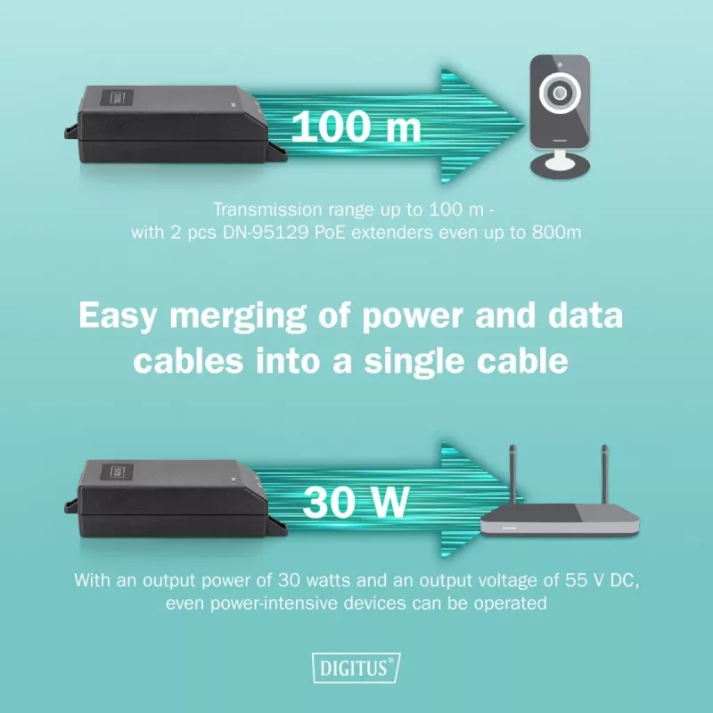 Injetor PoE+ Gigabit Ethernet Digitus 802.3at 30 W Preto