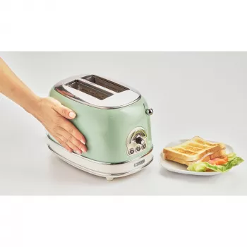 Torradeira Ariete 155 Design de 2 fatias com cestos para sanduíches, 6 níveis de tostagem, 810 W, caixa em aço inoxidável, gaveta de migalhas removível, verde pastel