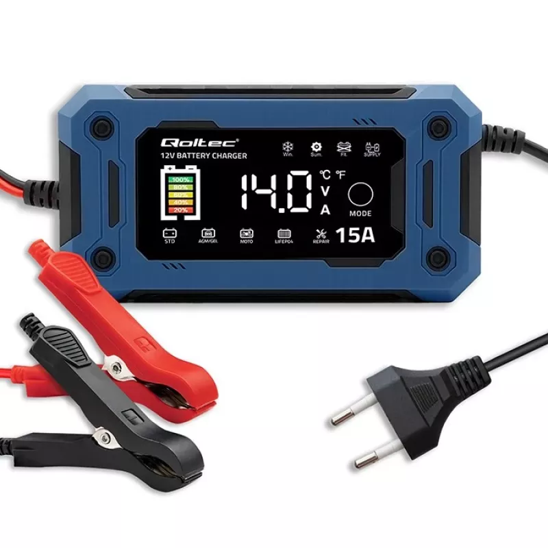 Carregador inteligente 12V 15A QOLTEC com microprocessador e LCD — para baterias AGM, GEL, SLA, EFB, LiFePO4