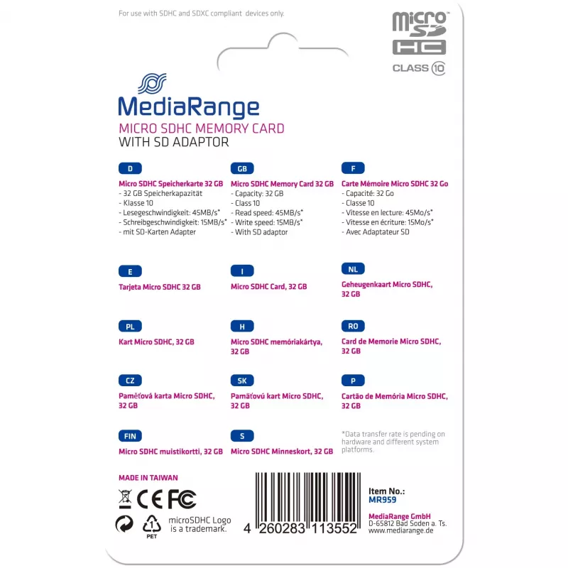 MEMÓRIA MICRO SDHC 32GB C10/MIT ADAPTADOR MR959 MEDIARANGE