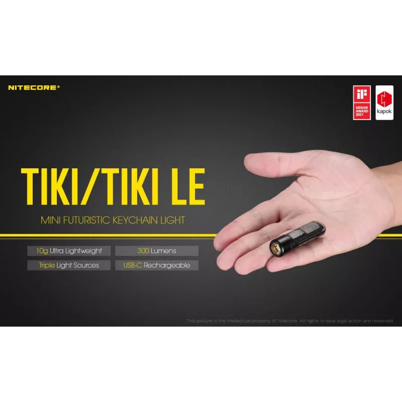 Lanterna de mão Nitecore TIKI LE — 300 lm, recarregável por USB, policarbonato, IP66, resistente a impactos, 10,5 g, 55 mm, preta