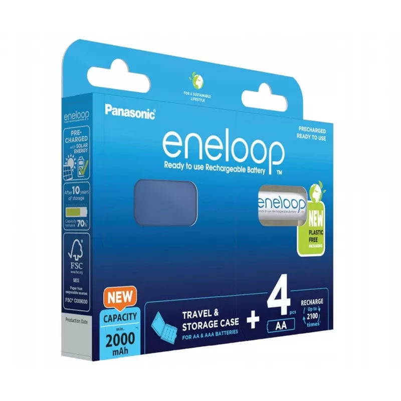 Pilhas recarregáveis PANASONIC ENELOOP AA 2000 mAh 4 unid. + estojo (BK-3MCDE/4CP+CASE)