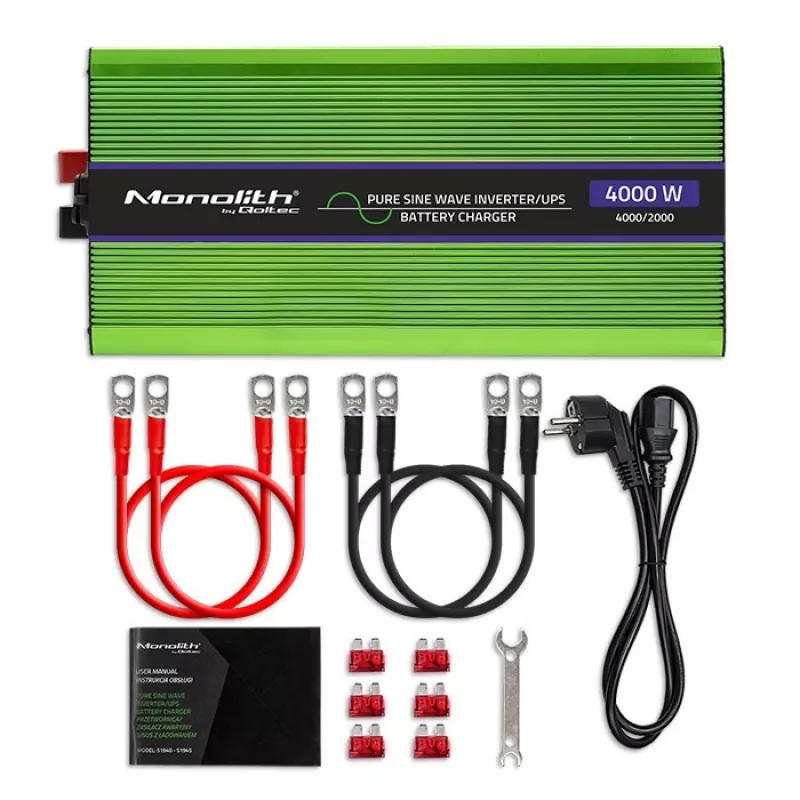 Qoltec Monolith Conversor de tensão | Carregamento de bateria | UPS | 2000W | 4000W | 12V para 230V | Onda sinusoidal pura | LCD preto-verde