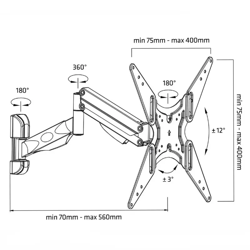 Suporte de TV com mola a gás MACLEAN MC-784 para televisores de 32–55 polegadas, inclinação e altura ajustáveis, carga máx. 21 kg, montagem na parede, preto
