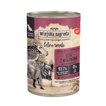 Comida húmida wiejskazagroda javali com vaca 400 g, alimento completo para cães adultos, 76% humidade