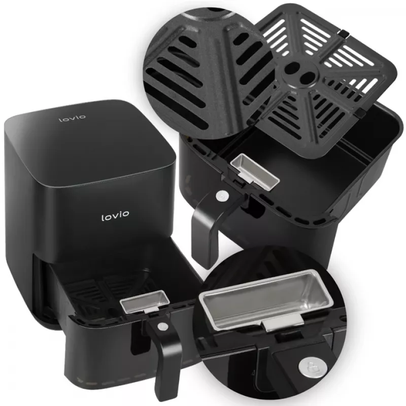 Fritadeira de ar quente Lovio LVAF001BK 5 l preta — fritadeira de ar quente compacta, capacidade de 5 litros
