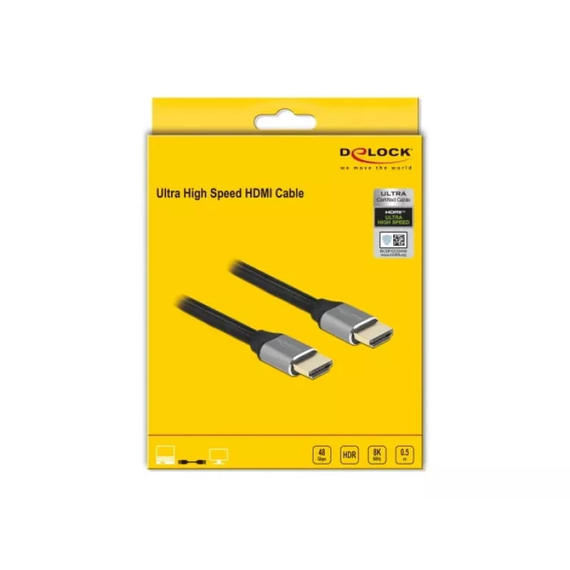 Delock - Cabo HDMI Ultra High Speed - HDMI macho para HDMI macho - 50 cm - Isolamento triplo - Cinzento - Contactos banhados a ouro, suporta 8K 6