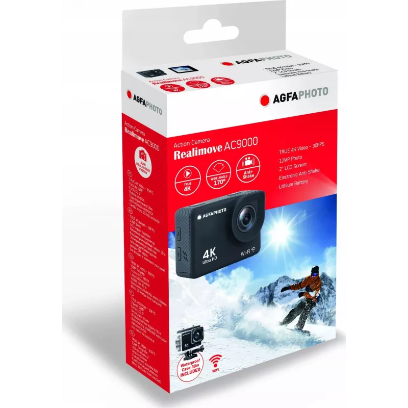 Action cam AgfaPhoto 4K, à prova de água, Wi-Fi, câmara lenta/timelapse (AC9000BK)