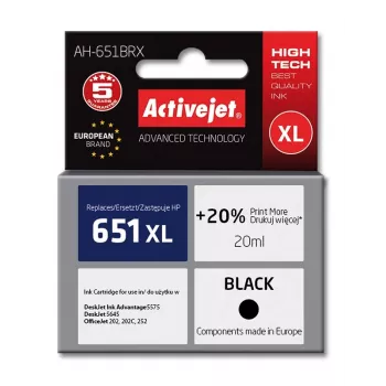 Tinteiro Activejet AH-651BRX (substituto para HP 651 C2P10AE; Premium; 20 ml; preto)