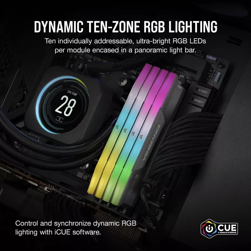 CORSAIR VENGEANCE RGB 32GB 2x16GB DDR5 6000MT/s DIMM Unbuffered 36-44-44-96 Std PMIC AMD EXPO dissipador cinzento PCB preto 1.4V