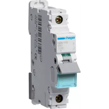 Hager NBN110. Corrente nominal: 10 A. Tipo: característica B, número de módulos (máx.): 1 módulo(s). Largura: 17,5 mm, Profundidade: 70 mm, Altura: 83 mm (NBN110)