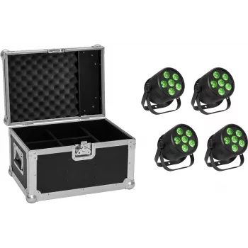 Conjunto de iluminação LED PAR EUROLITE Silent 6 QCL Floor — 4× projetores com flightcase
