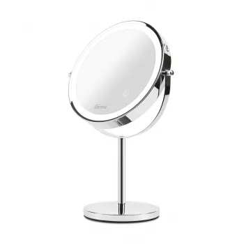 Espelho de maquilhagem de pé Girmi BE02 – redondo, aço inoxidável, controlo tátil LED, ampliação 1x/3x, recarregável USB-C (1000 mAh)