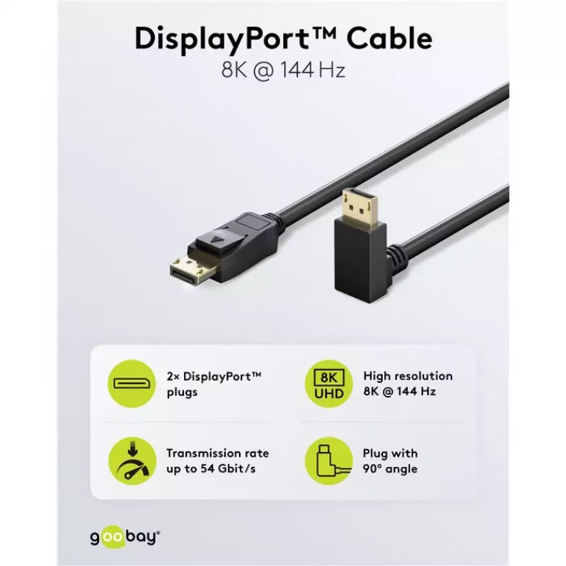 Cabo DisplayPort WENTRONIC 77058 – 54 Gbit/s, até 8K, 144 Hz