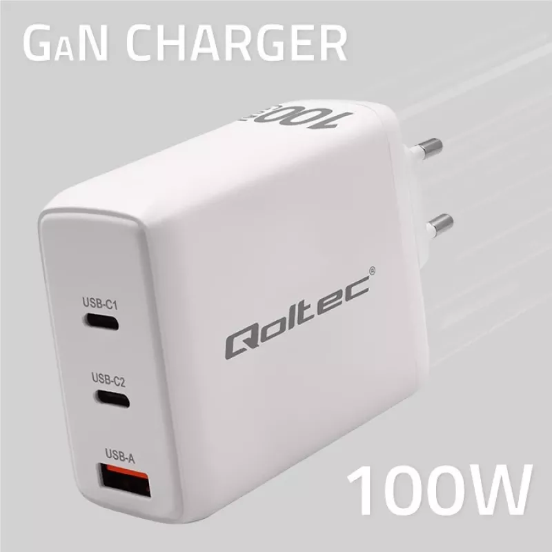 Carregador QOLTEC 100W GaN USB-C Dual PD 5–20V 1,5–5A, 2×USB-C