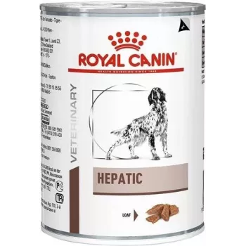 Ração húmida veterinária para cães Royal Canin Hepatic Adult lata 420 g — suporte hepático, sabor a aves, 6,5% proteína, 4% gordura
