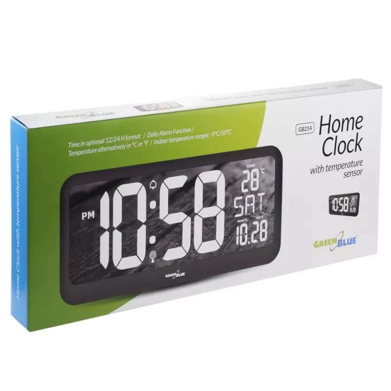 Relógio digital grande montagem na parede ou autónomo com sensor de temperatura 37x17cm ecrã LCD adaptador de rede e pilhas