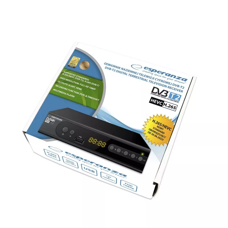 Set-Top-Box ESPERANZA EV106R Sintonizador de cabo DVB-T2 / DVB-C HEVC H.265, HDMI, USB, PVR, Dolby Digital, 174–790 MHz, preto