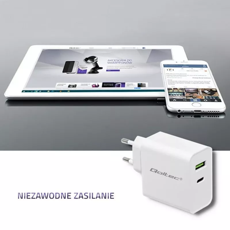 Carregador Qoltec 51718 | 45W | 5-20V | 2,4-3A | USB Type-C PD | USB | branco