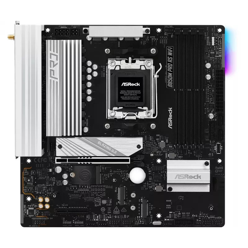 Placa-mãe ASRock B850M Pro RS WiFi — AMD B850, socket AM5, microATX, DDR5, 4 DIMM, 256GB, Wi‑Fi 6E, 2.5Gb LAN, 3x M.2