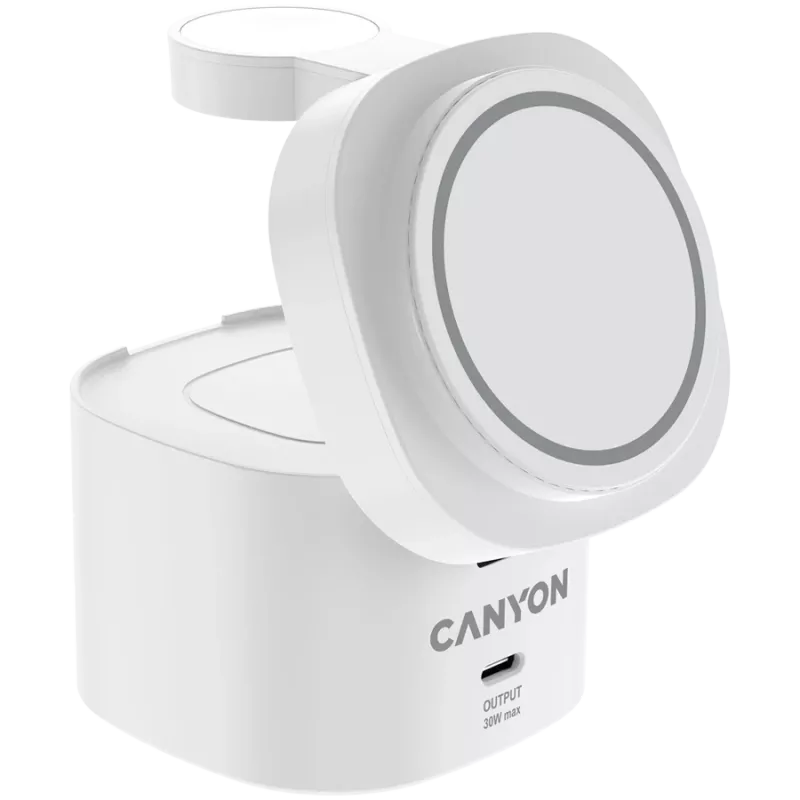 Estação de carregamento sem fios 4-em-1 Canyon, máx. 30 W, tamanho: 70x70x70,3 mm, peso: 414 g, com fonte de alimentação de 65 W e cabo de 1 m, branco