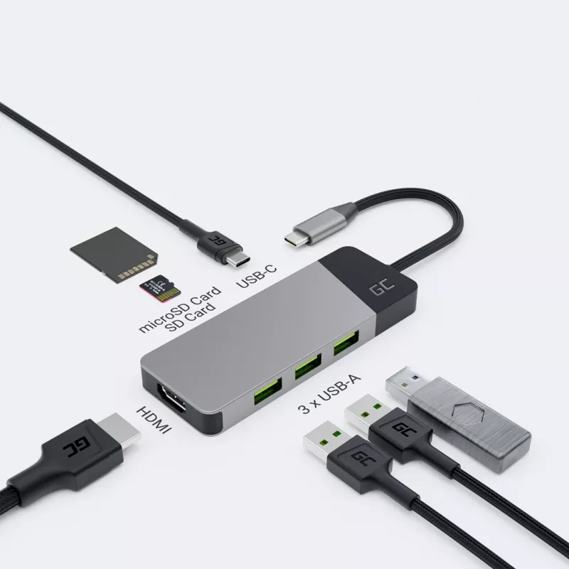 Hub USB Type-C Green Cell HUBGC01 — 7 portas: 3×USB‑A 3.2 Gen 1, 1×USB‑C 3.2 Gen 1, HDMI, leitor de cartões microSD+SD — Prateado