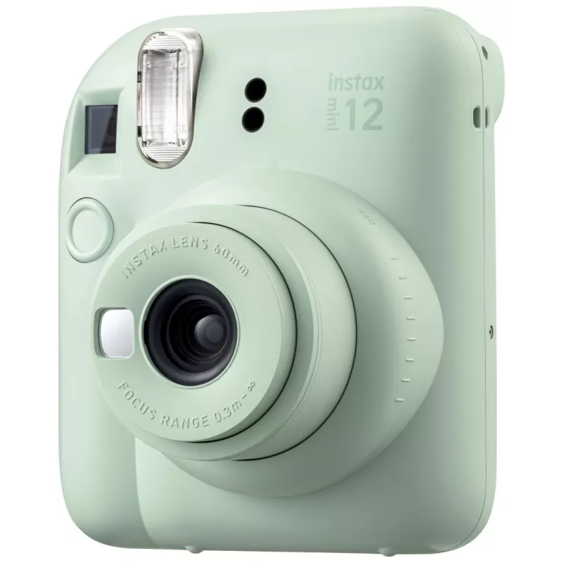 Máquina fotográfica instantânea Fujifilm Instax Mini 12 verde — imagem 86x54 mm, filme 62x46 mm, distância focal equiv. 60 mm