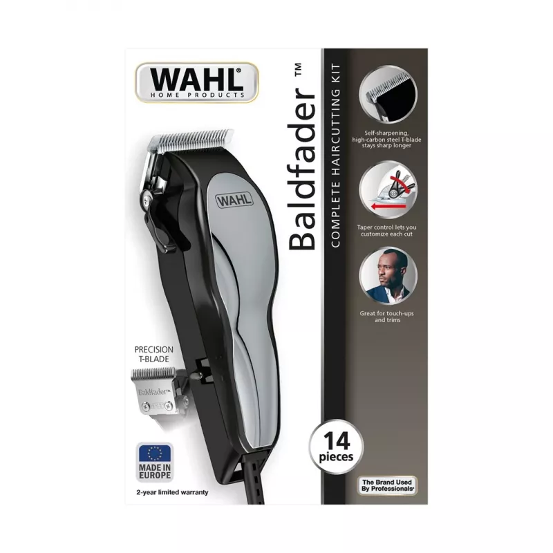 Máquina de cortar cabelo Wahl 20107.0460 Baldfader — aparador com fio AC, 6 níveis de comprimento, 1–13 mm, largura da lâmina 45 mm, preto/cromado
