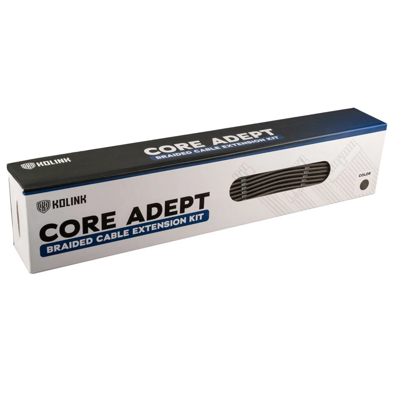 Conjunto de extensão de cabos Kolink Core Adept – revestido a PET, conjunto de 6 peças, 20+4 pinos, 8 pinos, 4+4 pinos, 3×6+2 pinos (300–350 mm)