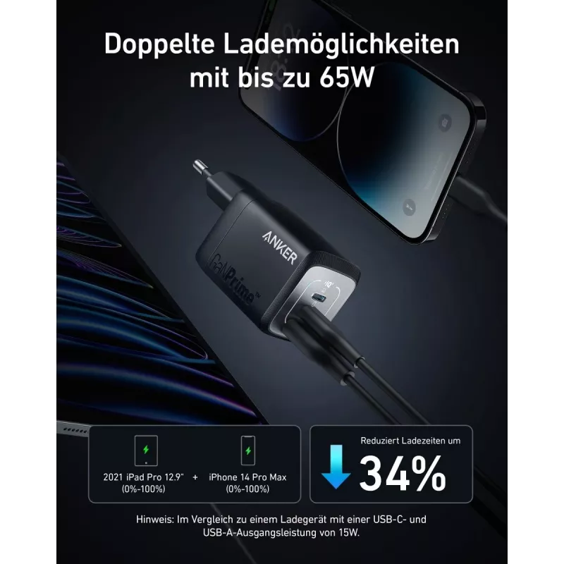 Carregador rápido USB de interior Anker Prime A2669313 – 67 W, 1×USB-A, 2×USB-C, preto