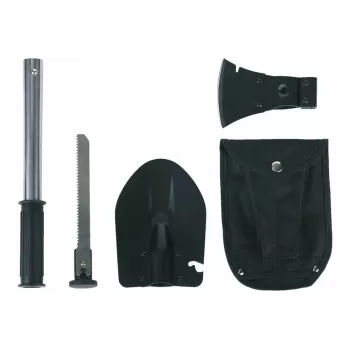 Pá tática de campo FOSCO 433120 com serra e machado integrados, aço inoxidável, 836 g, preto