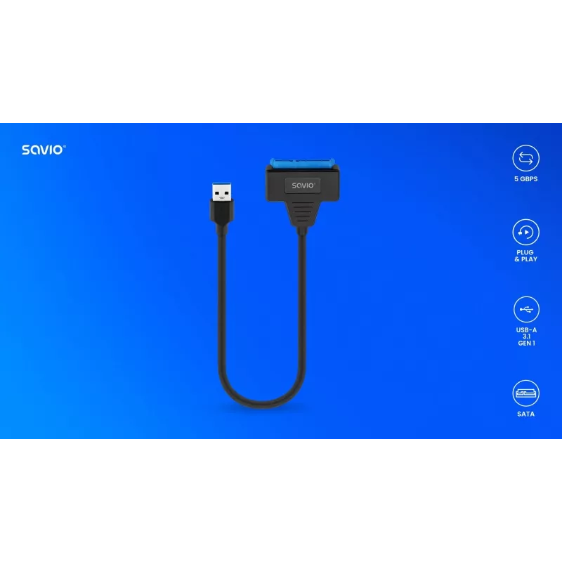 Cabo de interface SAVIO SATA para USB 3.1 Gen 1 AK-68, conector fêmea SATA para conector macho USB-A, 5 Gbit/s, 0,25 m, preto