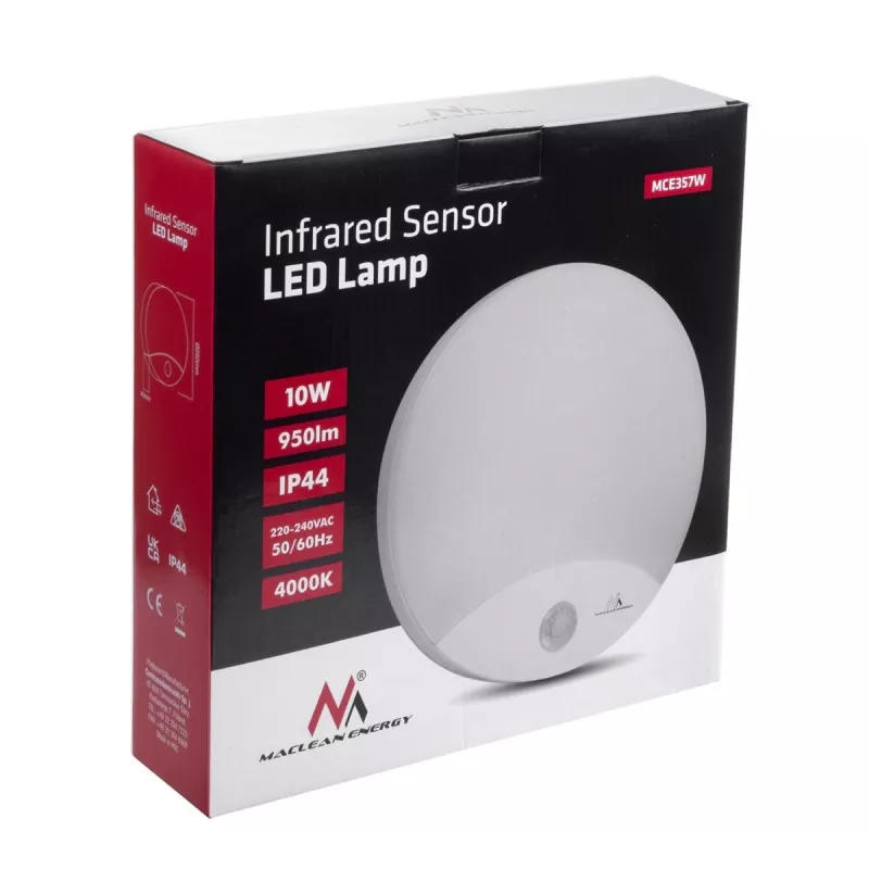 Lâmpada LED de parede MACLEAN MCE357W com sensor de movimento IR, branca, para exterior e interior