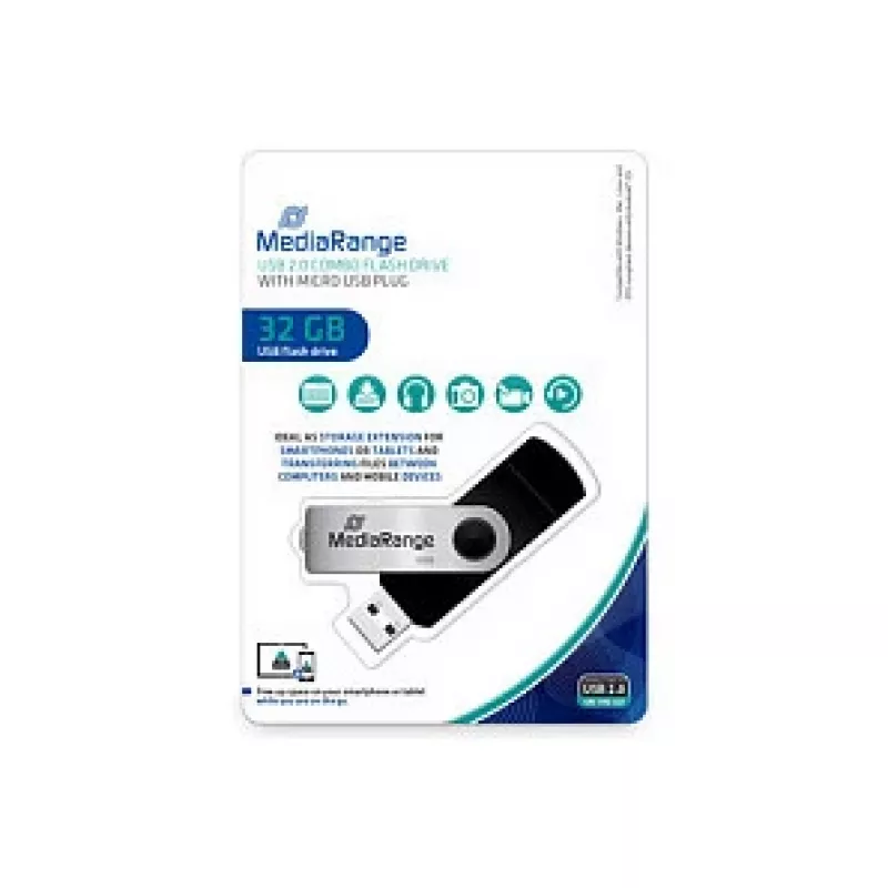 MediaRange MR932 - unidade flash USB - 32 GB - USB 2.0 / Micro-USB - preto/prateado (MR932-2)