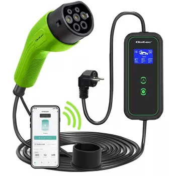 Carregador móvel para carro elétrico Qoltec ajustável 2em1 Type2 | 3,5kW | 230V | Wi-Fi | LCD | portátil | wallbox | 5m