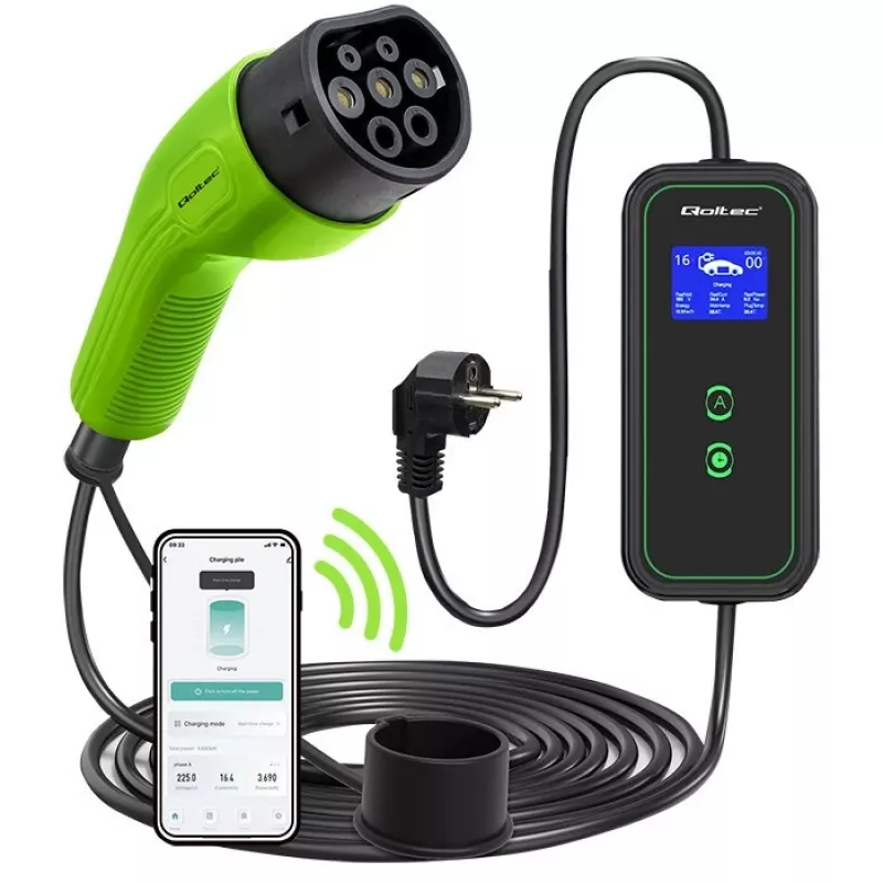 Carregador móvel para carro elétrico Qoltec ajustável 2em1 Type2 | 3,5kW | 230V | Wi-Fi | LCD | portátil | wallbox | 5m