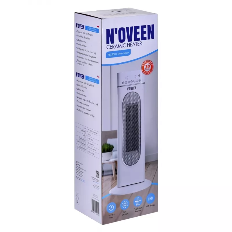 Aquecedor elétrico cerâmico NOVEEN PTC3000, 2000 W (1200 W mín.), indicador LED, temporizador, comando, oscilação, branco