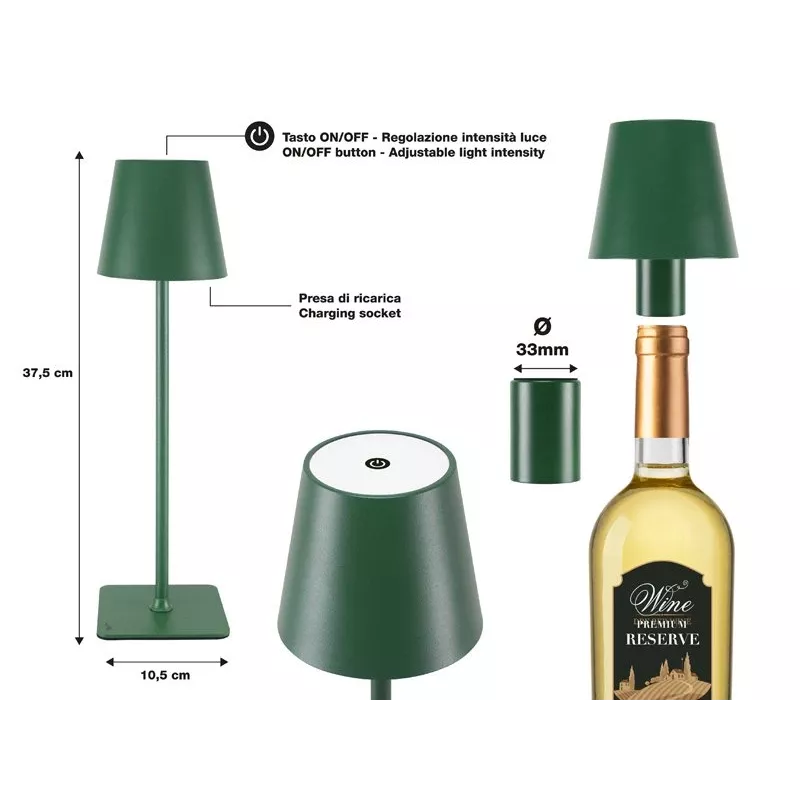 Beper P201UTP115 candeeiro de mesa LED recarregável, 1,5 W, interruptor tátil, regulável, adaptador para garrafa de 33 mm, resistente à água, verde