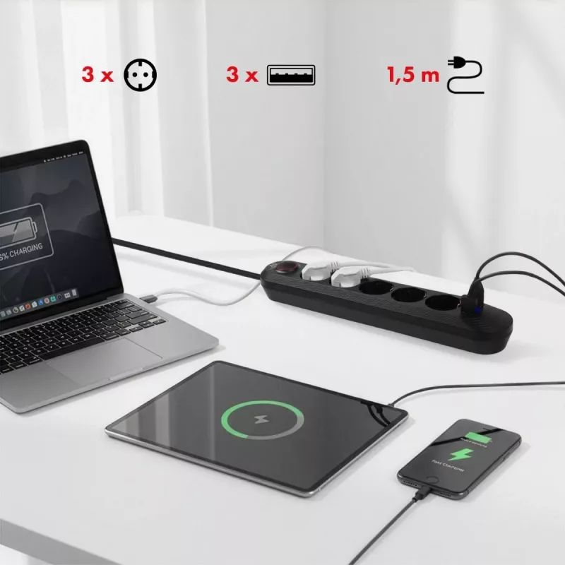 Extensão elétrica MACLEAN MCE395 B — 5 tomadas, 3×USB, 110–240V AC, 2,1A USB, 2500W, cabo de 1,5 m, preto