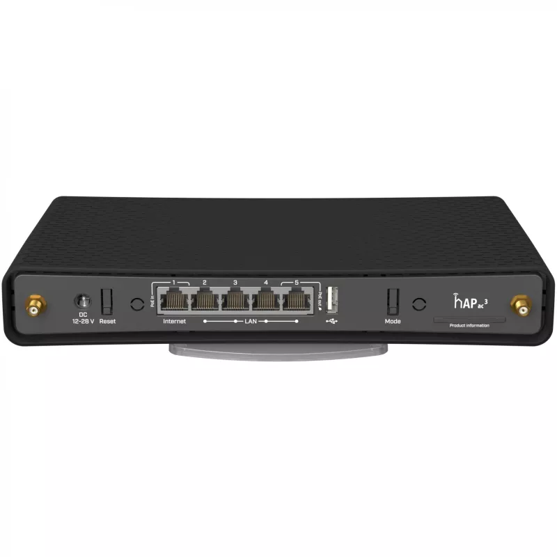 Router de secretária MikroTik hAP ac³ Dualband Wi‑Fi 5, Qualcomm IPQ4019 719 MHz, 5x Gigabit RJ‑45, 1x USB, PoE, 2 antenas externas, preto