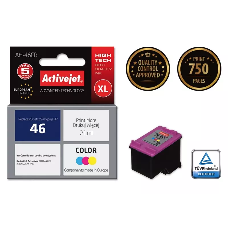 Tinteiro Activejet AH-46CR (substituto do HP 46 CZ638AA; Premium; 21 ml; cor)