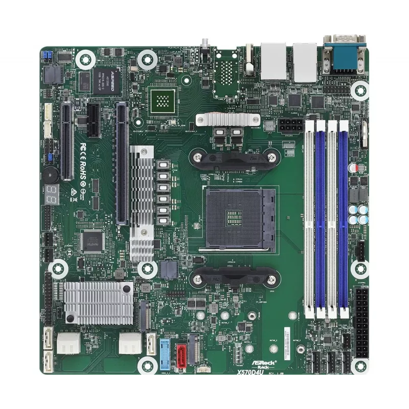 Placa-mãe ASRock X570D4U Micro ATX — AMD X570, Socket AM4, 4× DIMM, DDR4, máx. 32 GB, 12× SATA III, 3× RJ-45