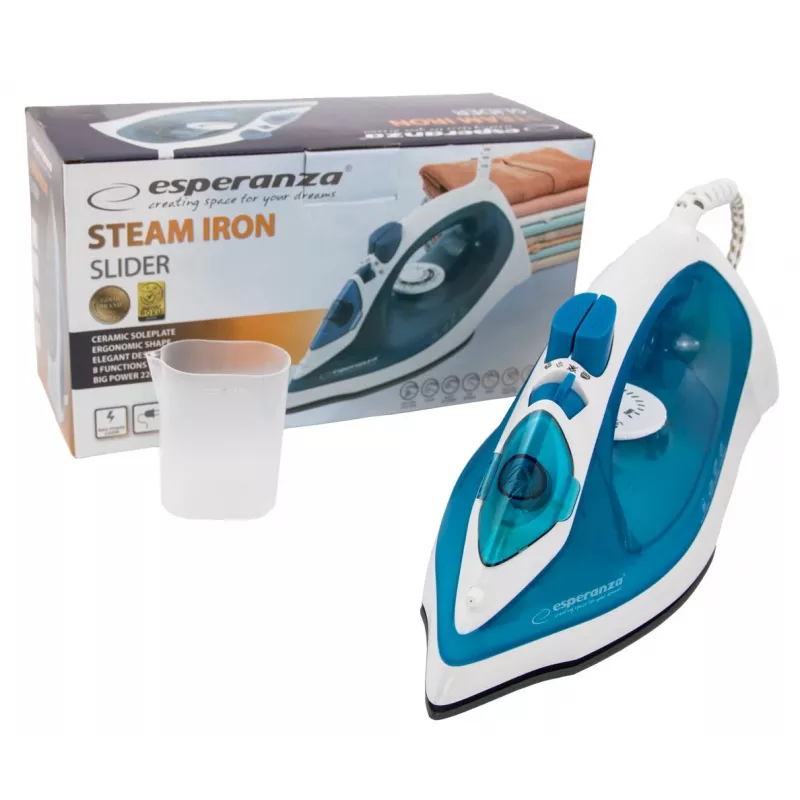 Ferro a vapor Esperanza EHI002 Slider, 2200 W, base cerâmica, vapor vertical, branco/azul